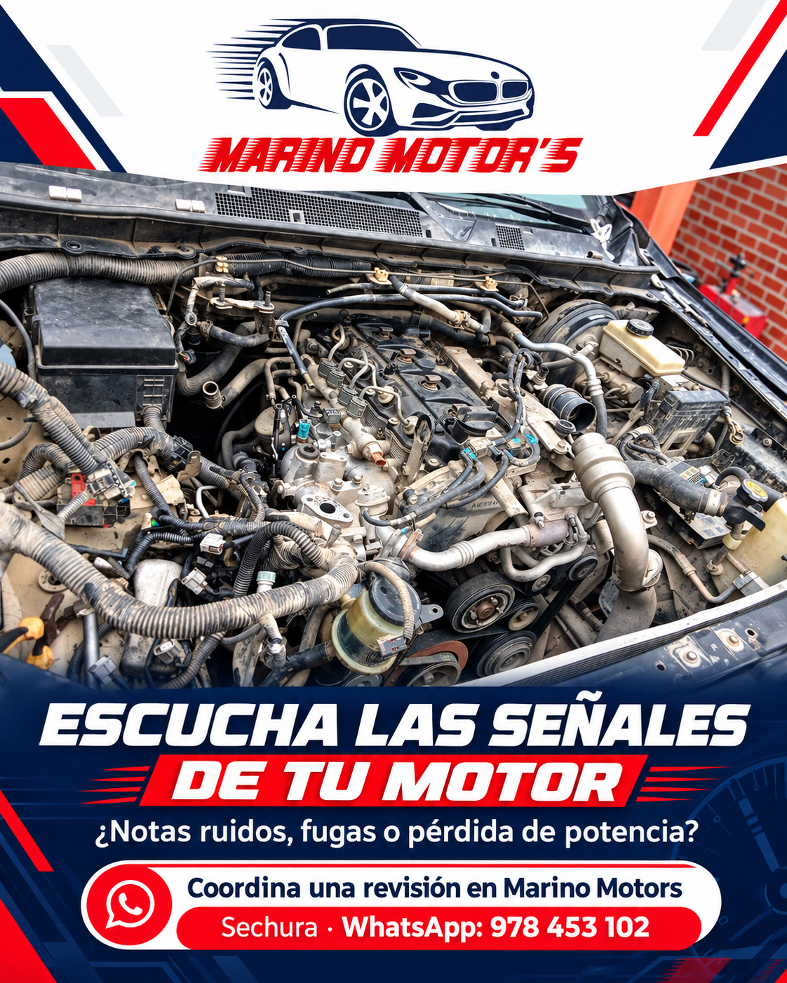 Revisión y mantenimiento · material visual de Marino Motors