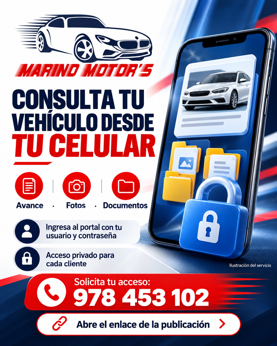 Seguimiento desde tu portal · material visual de Marino Motors